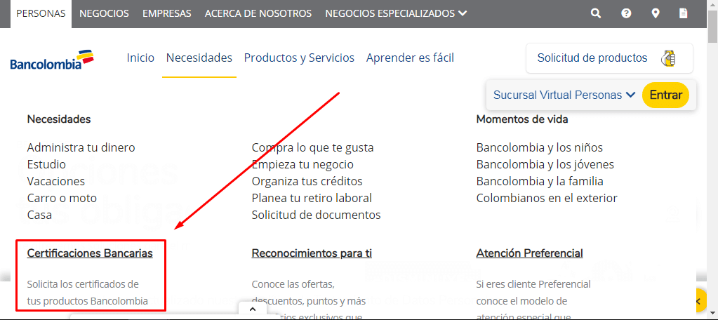 Opciones que indica la página de Bancolombia